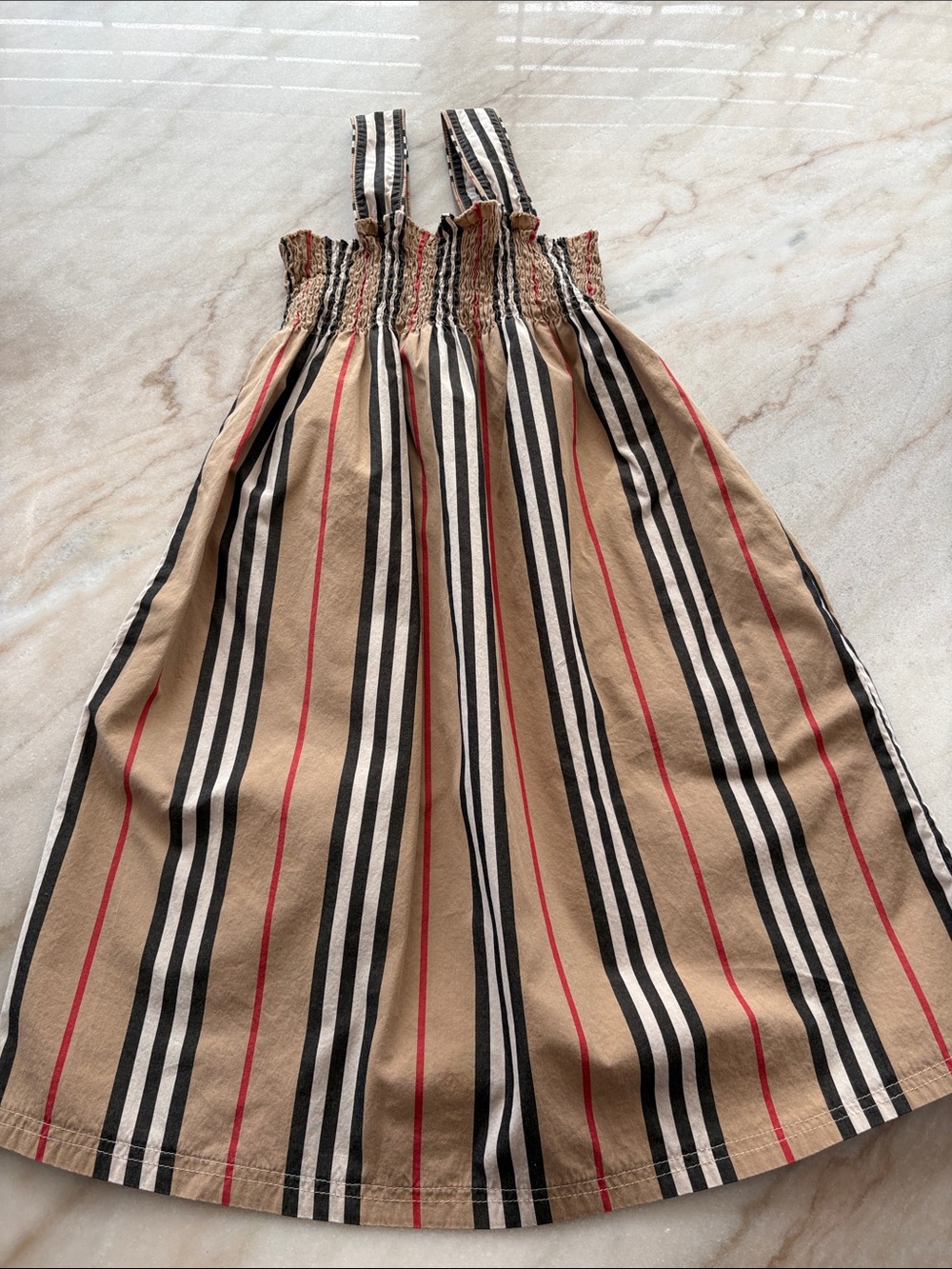 Burberry Tan, Black & Red Striped Girls Sundress with Smocked Top